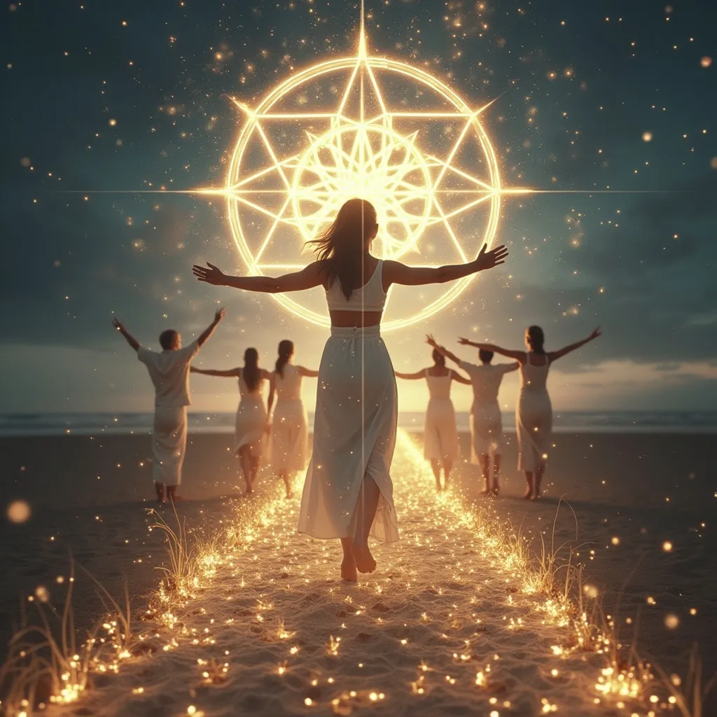 Prompt: woman together with five persons  walking together on a path of light towards the same pattern of sacred geometry