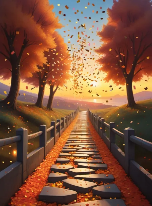 Prompt: a painting of a pathway leading to a beautiful sunset with falling leaves and a lot of confetti, Chris LaBrooy, fantasy art, sun, a painting