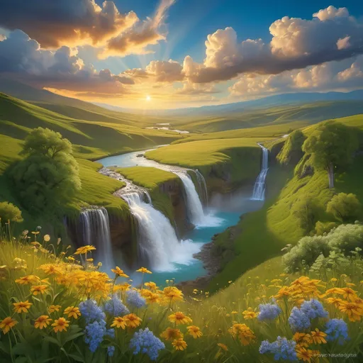 Prompt: vibrant landscape, stunning vistas, rolling hills, cascading waterfalls, lush greenery, colorful wildflowers, tranquil blue sky, soft cumulus clouds, warm golden sunlight, atmospheric depth, serene ambiance, high definition, ultra-detailed, peaceful and idyllic setting, nature’s majesty