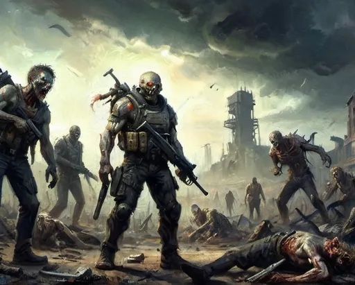 Prompt: A man in a wasteland with futuristic war armor, gripping a rifle and combat knife, surrounded by menacing zombies and mutant zombies, gritty atmosphere, apocalyptic scenery, desolate background with ruins and debris, dramatic lighting casting eerie shadows, intense and action-packed vibe, ultra-detailed, 4K quality, capturing the chaos and survival instinct in a post-apocalyptic world.