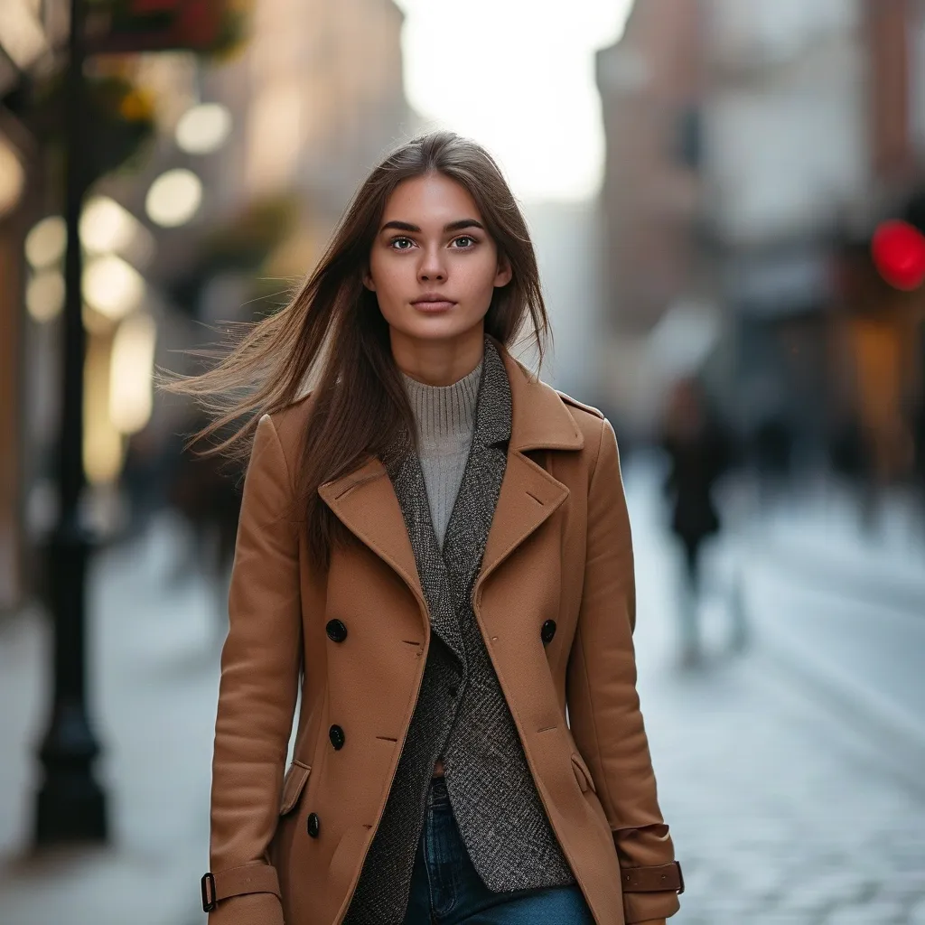 Prompt: Tall young woman walking down the high street, detailed clothing, realistic, natural lighting