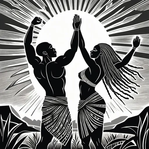 Prompt: proud African athletic man & woman couple in the middle of nature, tall with dreadlocks, wearing small traditional loincloths, admiring the rising sun, embracing each other with their hands raised  in a triumphant gesture, serene and empowering atmosphere, celebrating unity and strength, strong outlines and rough details, rendering style black & white linocut