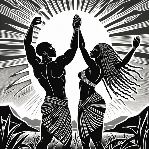 Prompt: proud African athletic man & woman couple in the middle of nature, tall with dreadlocks, wearing small traditional loincloths, admiring the rising sun, embracing each other with their hands raised  in a triumphant gesture, serene and empowering atmosphere, celebrating unity and strength, strong outlines and rough details, rendering style black & white linocut