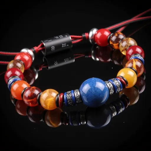 Prompt: Bracelet: 8mm beads (red agate for Aries, dragon-scale obsidian for Dragon year, golden citrine with tree inclusions for wealth, blue tiger’s eye for ESTJ aura), separated by 3mm lapis lazuli cubes and meteorite iron spacers. Adjustable black titanium clasp with dragon engraving, magnetic chamber for wish note, double-layer cord (black wax outer, red silk inner). Macro style, dark background, colors: red, black, yellow, blue, silver.