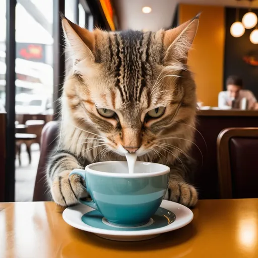 Prompt: a cat drinking from a cup in a restaurant