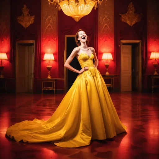 Prompt: Tall young woman wearing a yellow wedding dress in her royal palace laughing under red lighting