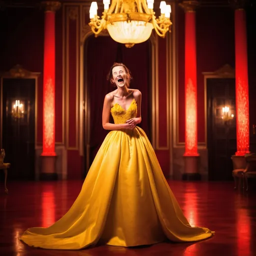 Prompt: Tall young woman wearing a yellow wedding dress in her royal palace laughing under red lighting