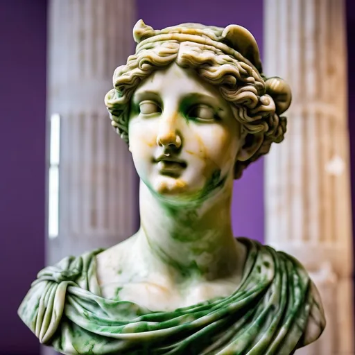 Prompt: Green marble sculpture Venus head and shoulders serene face.hellenistic 1st century AD,soft lighting of a handsome young European wearing a purple royal regalia in his Palace 