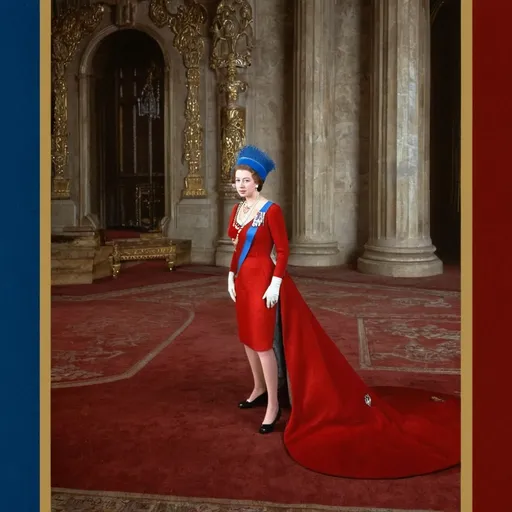 Prompt: Tall young Queen Elizabeth 11, wearing a red colored Royal Majesty regalia with a big blue hat standing in her Palace 