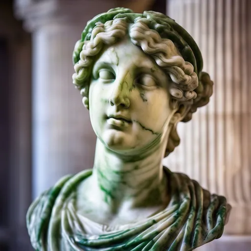 Prompt: Green marble sculpture Venus head and shoulders serene face.hellenistic 1st century AD,soft lighting of a handsome young European wearing a purple royal regalia in his Palace 