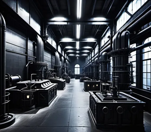 Prompt: Dark gray and black, dimly lit bio-mechanical factory, foundry, inspired by H. R. Giger, dark, sci fi
