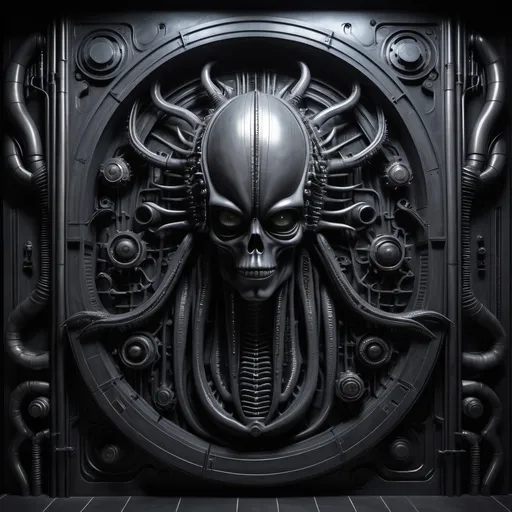 Prompt: Dark gray and black, dimly lit bio-mechanical wall, inspired by H. R. Giger 