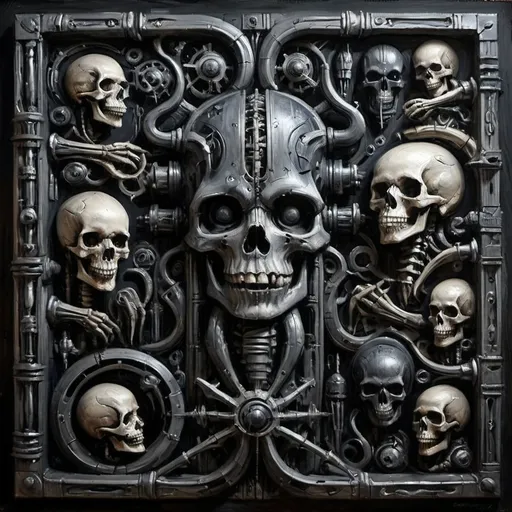 Prompt: Dark gray and black, dimly lit bio-mechanical wall, inspired by H. R. Giger and the Aliens franchise
