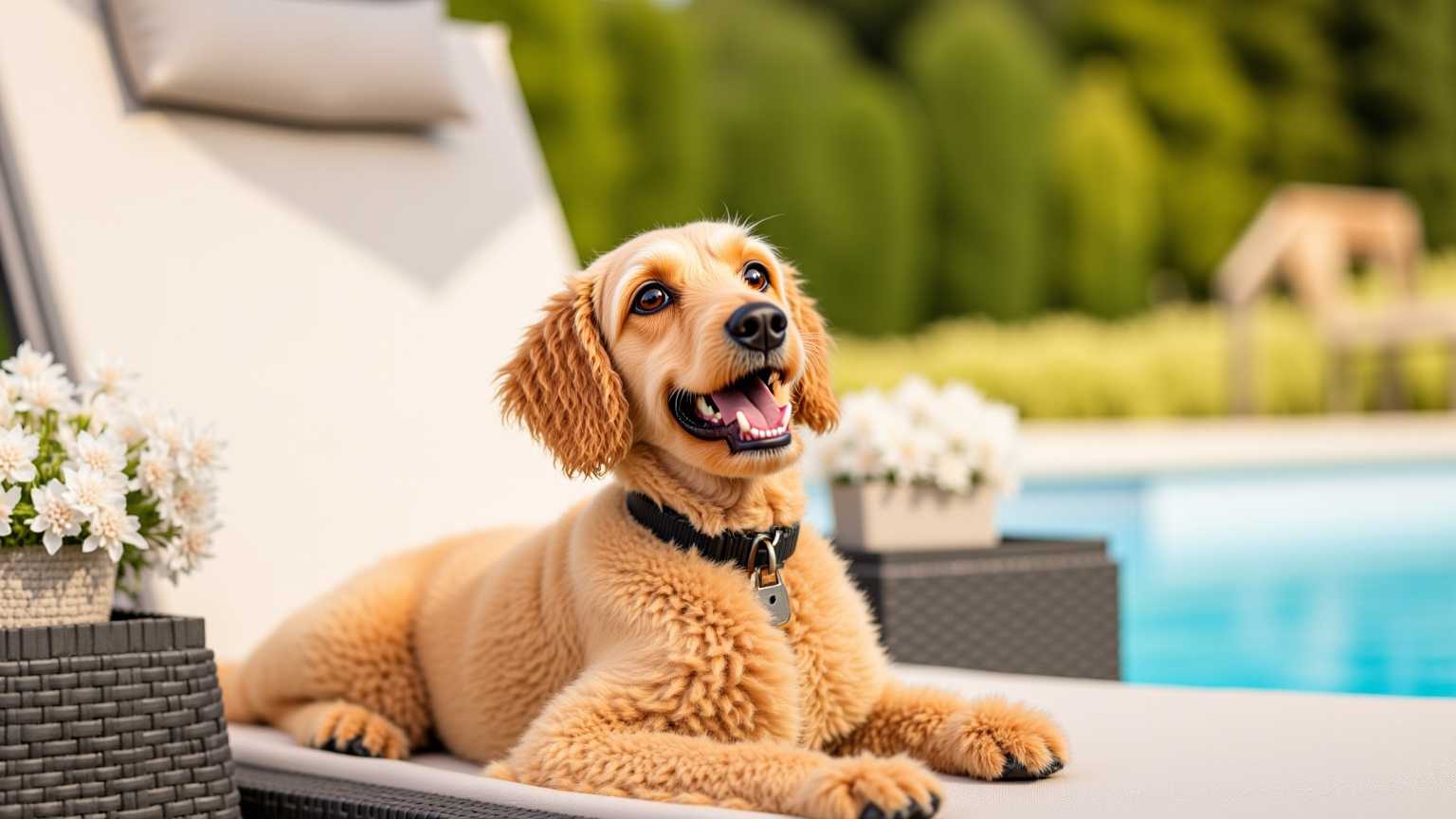Prompt: @5f5a1lonG6fEHxE3k7oj A cheerful golden retriever, sitting on a lawn chair sunning himself, , 