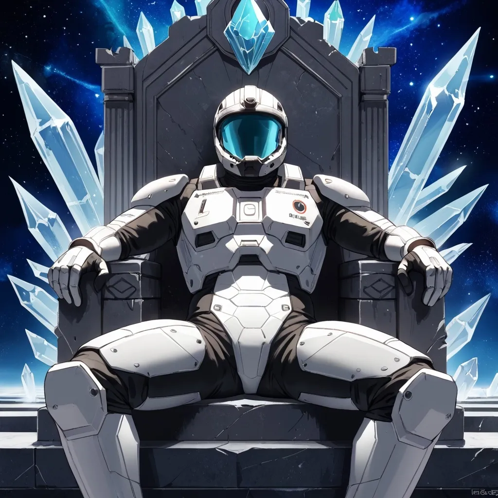 Prompt: Crystal throne, futuristic suit, male, helmet, Energy suit, faceless, galaxy background,
