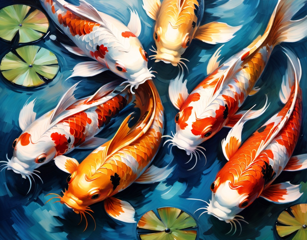 Prompt: Majestic koi fish swimming, Impressionism, Oil on canvas, Contemporary art, Monet, HD, Watercolor, Transparent, Trending on artstation, Details, Sharp focus, Illustration