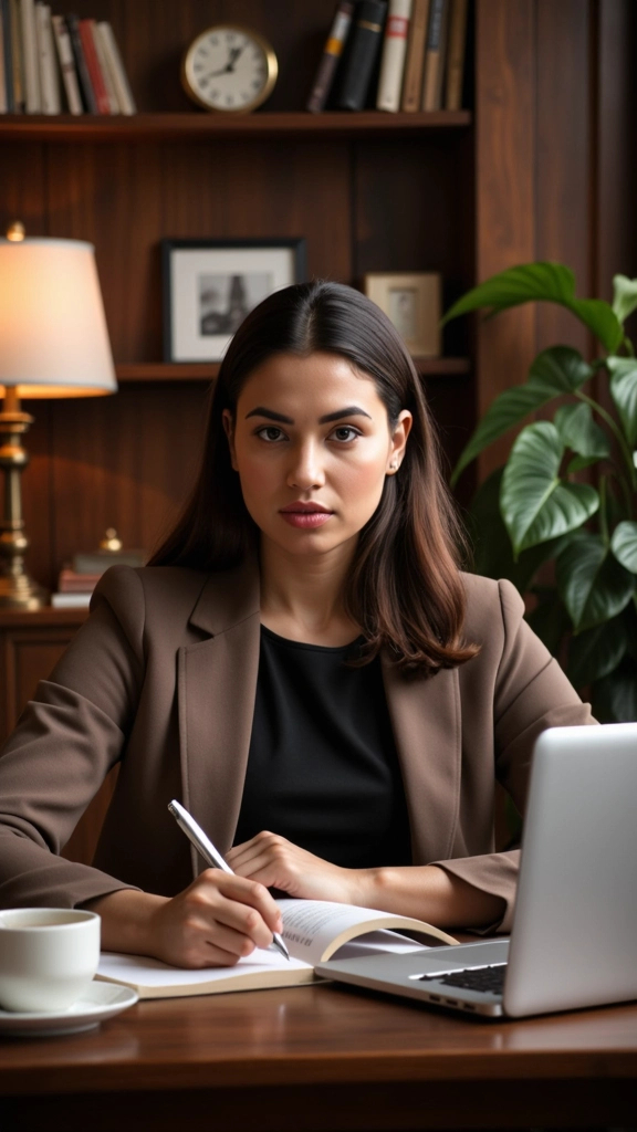 Prompt: In a cozy home study with a wooden desk, laptop, and a cup of tea beside her, a 25-year-old Pakistani woman sits behind a table, writing with a pen while holding a book. She wears a stylish long coat over a formal dress, ensuring a modest and professional appearance. Her facial structure is well-defined, not round, and her hair is styled elegantly. The warm lighting and indoor plants create a comfortable yet professional atmosphere. Her expression is serious yet approachable, as if explaining something important.