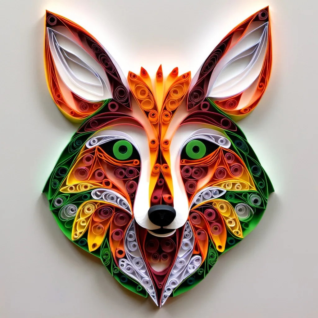 Prompt: Art quilling, le design doit être un coyote avec des yeux verts. Je veux des couleurs qui représente le courage.
