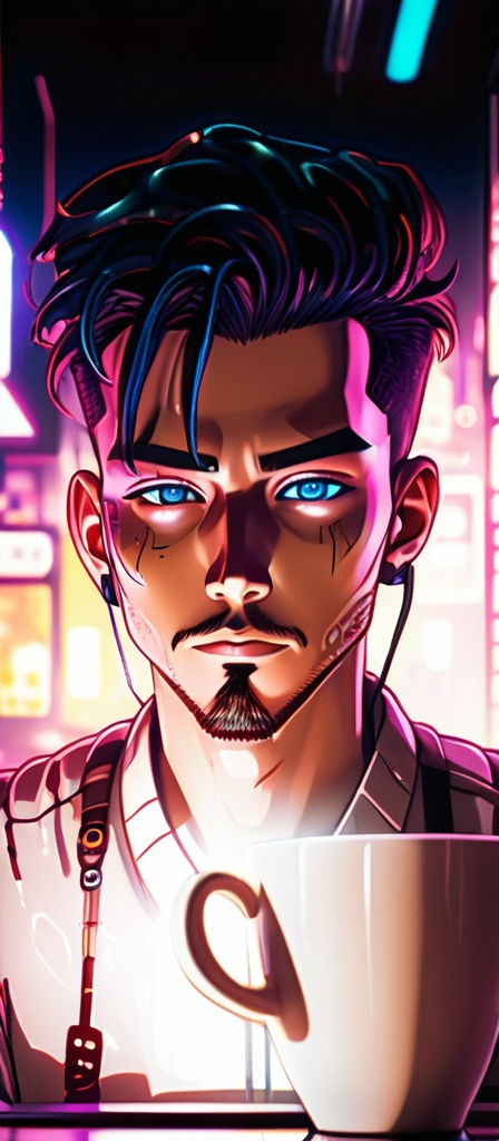 Prompt: Anime cyberpunk style, man in coffee shop, highly detailed, HD, dark background