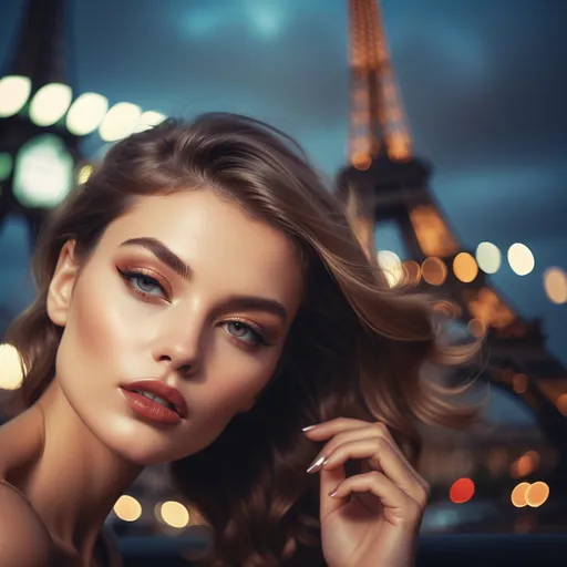 Prompt: photorealistic glamour photography, stunning woman in Paris, inspired by Guy Aroch's style, soft focus dreamy lighting, elegant attire, Parisian backdrop featuring iconic landmarks, romantic ambiance, rich colors and textures, high fashion pose, captivating expressions, ultra-detailed, chic atmosphere immersing viewers in sophistication and allure. Use the female face from the real photo in creating image