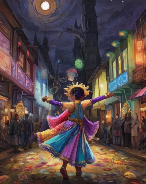 Prompt: mystical being with carnival colors is dancing during the night in a street 