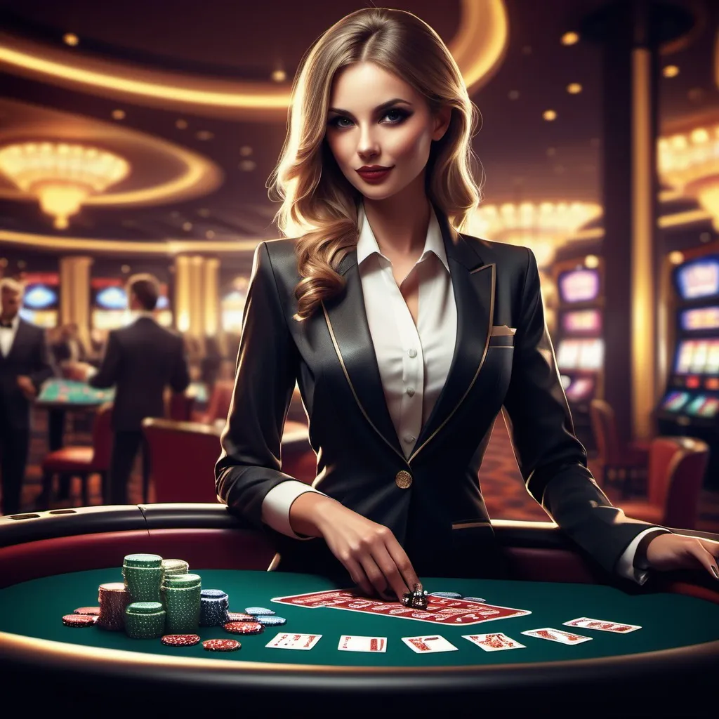 Prompt: “Canlı Casino temalı bir banner için lüks ve çekici bir atmosferde tasarlanmış bir karakter. Karakter, modern bir kumarhanede şık bir takım elbise veya zarif bir elbise giymiş, karizmatik bir ifadeye sahip, elinde poker fişleri veya kartlar tutuyor. Arka planda loş ışıklar, casino makineleri ve zarlar görülebilir. Görsel, dinamik ve yüksek kaliteli bir tarzda hazırlanmış olmalı.