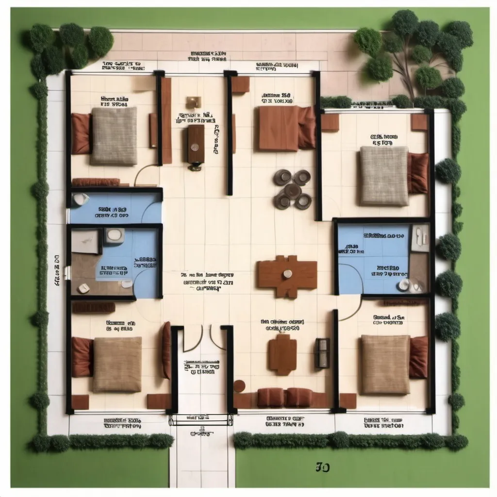 Prompt: Create a layout plan for 37.6 feet (N-S) by 32 feet (E-W). The main entrance will be in North direction. Need a traditional house which follow vastu design. Need 2 bedrooms, living room, dinning room, kitchen, pooja room and lawn.
