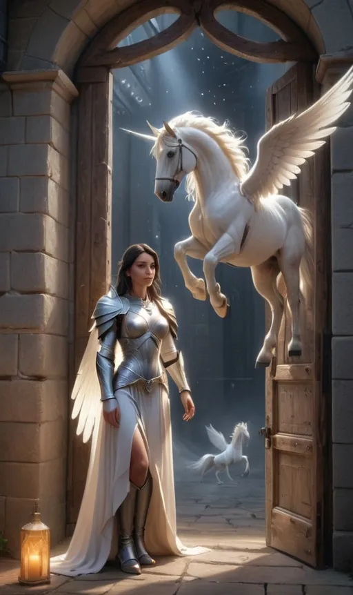 Prompt: a woman standing in front of a white Pegasus in a doorway with a white Pegasus flying above her and a white Pegasus standing in front of a doorway, Anne Stokes, fantasy art, unreal engine 5, concept art