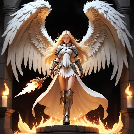 Prompt: 1girl, angel, angel wings, arch, armor, blonde hair, boots, breathing fire, burning, candle, cape, embers, feathered wings, fire, fireplace, flame, flaming weapon, horse, long hair, magic, molten rock, pillar, single wing, standing, statue, torch, weapon, white cape, white wings, wings