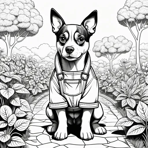Prompt: coloring art, simple line black and white humanized dog dressed in overalls at the gardem