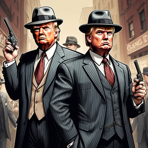 Prompt: Cartoon-style illustration of Donald Trump and J.D. Vance dressed as 1920s gangsters, wearing pinstripe suits and fedoras, with a vintage mafia vibe
