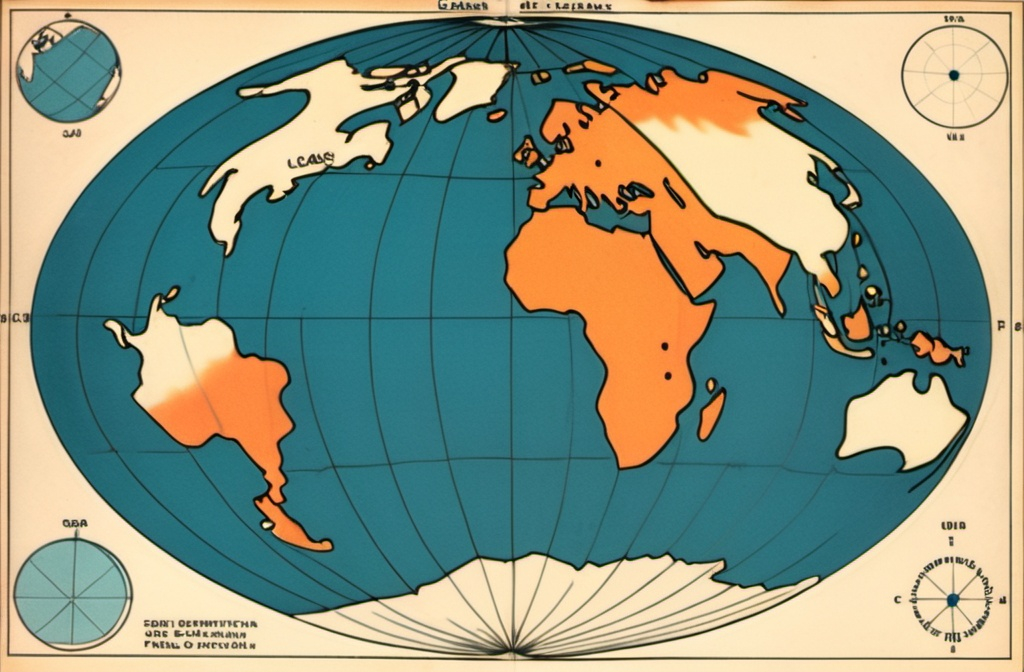 Prompt: A GDR map of a Planet with a desert south pole, a glacial north pole, a big continent like Europe and UK, a continent that includes The USA and south America, a detatched continent like URSS and an arcipelagus like japan