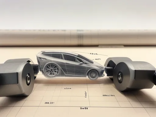 Prompt: pencil engineering sketch of a mechanno car, white background, with dimensions, plan, end view and elevation