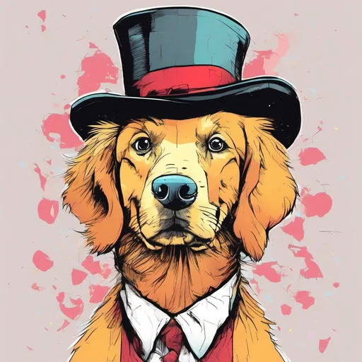 Prompt: Red Golden retriever wearing a top hat and a monical cartoon
