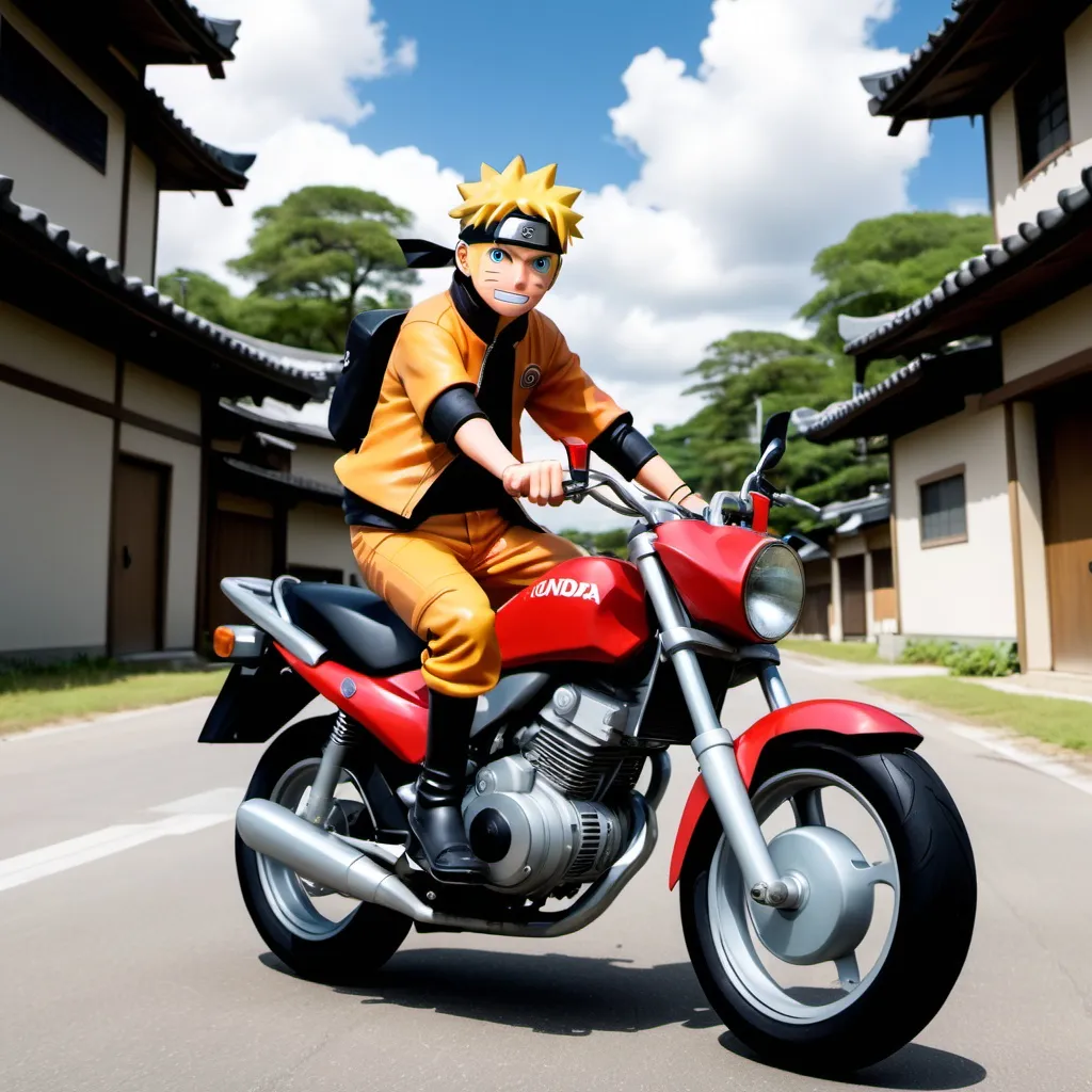 Prompt: Naruto riding a Honda motorbike