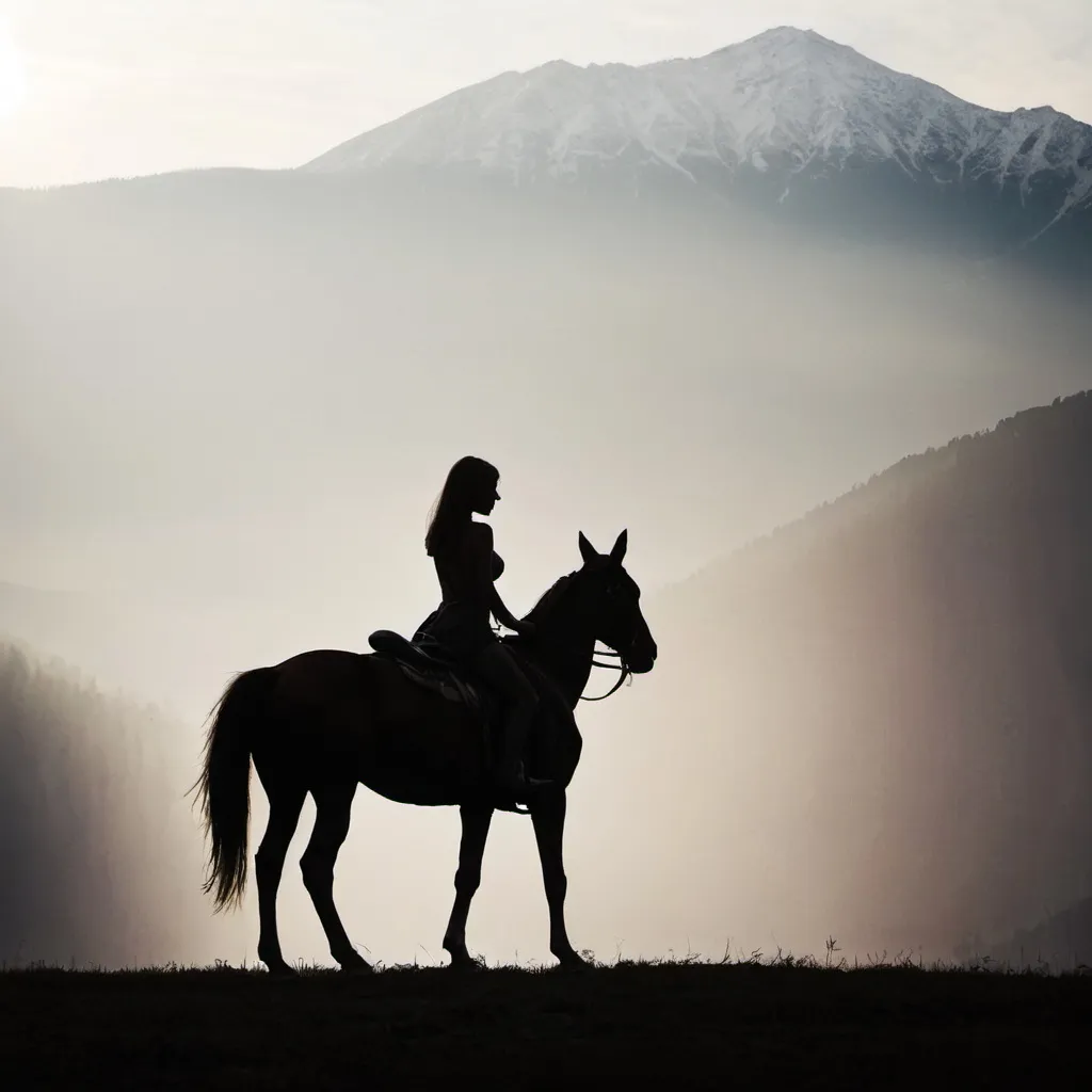 Prompt: Backlit photo of a girl on horse. Silhouette, in the mountens 