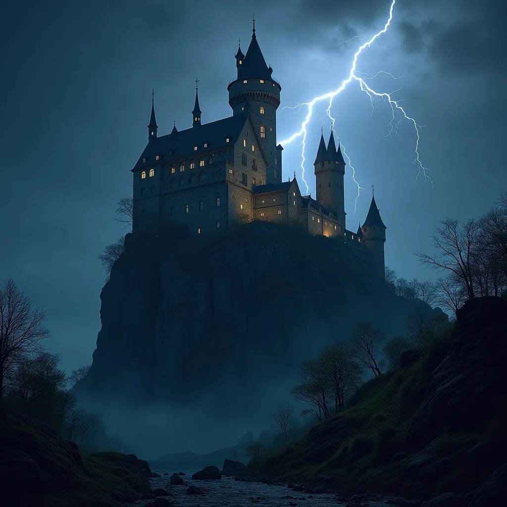 Prompt: Frankenstein castle up on a rocky cliff. It is night. There is a lightning Storm
