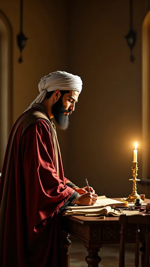 Prompt: Al-Mutanabbi stands tall at his wooden writing desk in a dim Abbasid-era study. The camera captures him from a wide, slightly low frontal angle, showing the entire stone-walled room lit only by a flickering oil lamp. Scrolls, parchment, and an open ink pot are scattered across the desk. Behind him, a narrow arched window reveals a sliver of moonlight. His cloak drapes gently behind him, motionless in the still air. The atmosphere is quiet, reflective, and heavy with purpose. The composition is balanced, with warm golden-orange light falling across the desk and deep shadows adding contrast. Camera: wide-angle lens, low angle, soft golden lamplight, warm and historical cinematic tone.