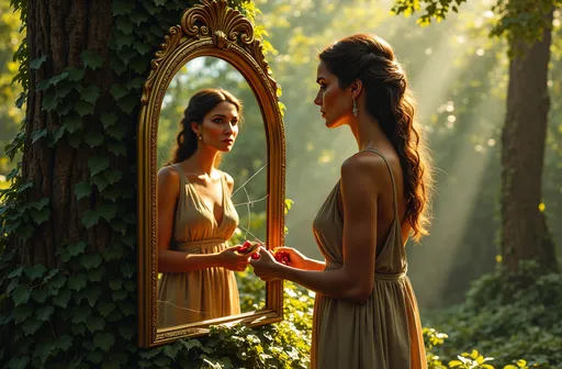 Prompt: A photorealistic digital painting in 16:9 format. Set in the Garden of Eden, just before the Fall. At the base of the Tree of the Knowledge of Good and Evil, a large, elegant gold-framed mirror is mounted or leaning — unnatural in the garden, yet beautiful. The mirror’s surface reflects not the garden or the tree — but Eve herself, seen gazing into it.

Her reflection appears more radiant and self-assured than her real figure — subtly idealized. Her expression is thoughtful, almost enlightened. She stands with fruit in hand, but has not yet eaten. Eve is wearing a modest earth toned robe.

Cracks begin to spider through the mirror’s surface, starting from the center outward, breaking her reflection without fully shattering it. One piece shows her real face distorted slightly — beauty unraveling into confusion.

In the background, Adam stands in partial shadow, visible but silent — his eyes fixed not on Eve, but on the mirror. No serpent is present.

Light beams from above still bathe the garden in golden morning glow, but the space around the mirror begins to darken — not from storm, but from spiritual fracture. A sacred order is unraveling — not with violence, but with desire.

Mood: Spiritually symbolic, suspenseful, tragic-beautiful.
Tone: Cinematic realism with metaphorical weight.
Lighting: Bright natural light, with subtle dimming around the mirror.
Crucial details to maintain: Mirror reflects Eve, cracks form, Adam watches, no serpent, fruit is present but uneaten.