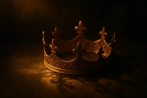 Prompt: Bathed in a soft, warm glow, an ornate golden crown rests atop a dark surface, casting intricate shadows that dance across it. The crown’s design features a series of elevated curves, which shimmer subtly in the light, creating a focal point that evokes a sense of royalty and history. Surrounding the crown, the faint textures of the surface beneath hint at an intriguing environment, likely a secluded space lost in time, further emphasized by the mysterious darkness enveloping the background. The overall composition conveys a mood of elegance and nostalgia, inviting contemplation of the stories and power woven into the delicate metalwork. The interplay of light and shadow enhances the crown's allure, suggesting a moment frozen in time, rich with untold narratives.