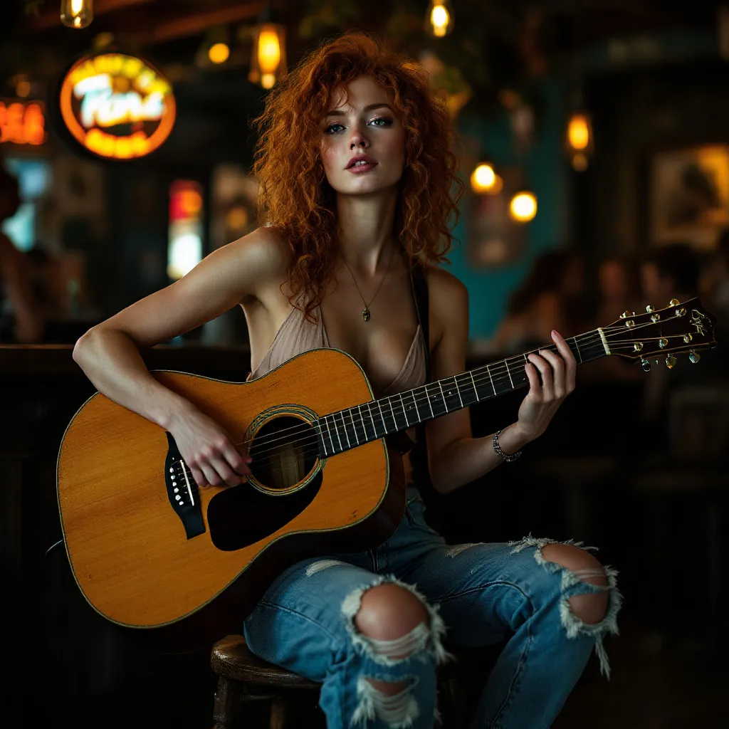 Prompt: Curley redhead woman, realistic photo, torn jeans, halter top, sitting in bar playing a guitar.
