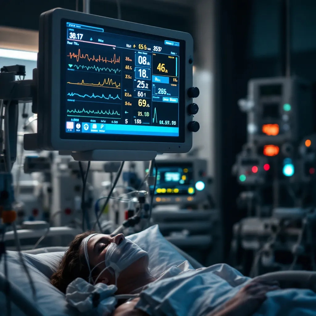 Prompt: In the background there is an ICU room with a patient lying in a hospital bed, multiple medical ICU devices with only small monitor such as a ventilator, in the foreground there is a big mounted monitor with vital signs