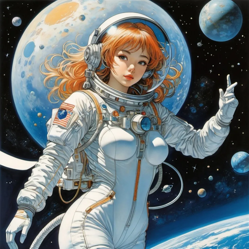 Prompt: Michael Kaluta, Valentine Hugo, Sacha Zaliouk, Tatsuyuki Tanaka, Chris Achilléos, Surrealism, strange, bizarre, fantastical, fantasy, Sci-fi, Japanese anime, beautiful girl in a space suit spacewalking in the galaxy in the attic, perfect voluminous body, skintight, ocean of elementary particles, gravity surfing, detailed masterpiece dynamic 