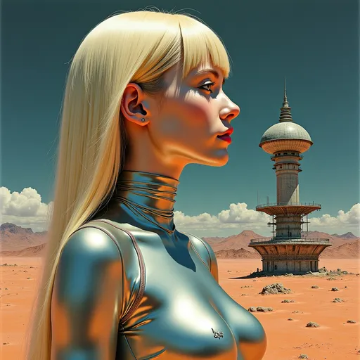 Prompt: Hajime Sorayama, Surrealism Mysterious strange fantasy. A beautiful girl with straight blond hair, wearing a metallic bodysuit pulled down below her shoulders, a perfect voluminous body. old, abandoned dead spaceship on a dead planet. , Meteor Shower, Detailed Masterpiece