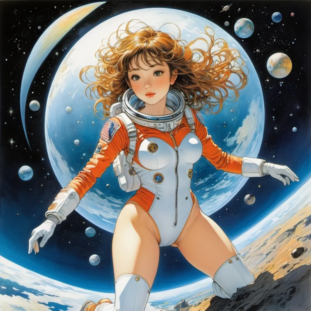 Prompt: Michael Kaluta, Valentine Hugo, Sacha Zaliouk, Tatsuyuki Tanaka, Chris Achilléos, Surrealism, strange, bizarre, fantastical, fantasy, Sci-fi, Japanese anime, beautiful girl in a space suit spacewalking in the galaxy in the attic, perfect voluminous body, skintight, ocean of elementary particles, gravity surfing, detailed masterpiece dynamic 