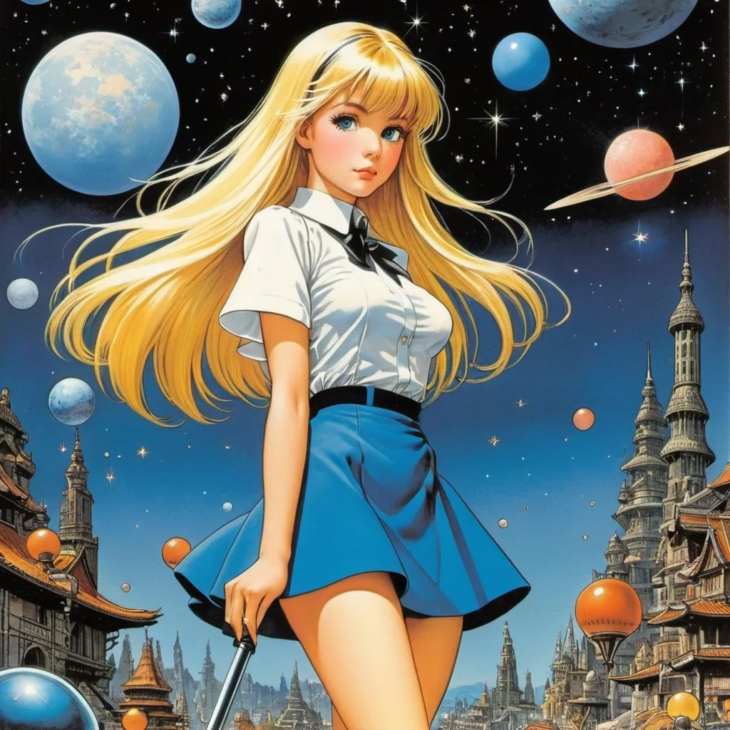 Prompt: Dave Gibbons, Adolf Born, Karel Franta, Ken Niimura, Cam Kennedy full colours, Surrealism, Mysterious, Weird, Outlandish, Fantasy, Sci-Fi, Japanese Anime, Alice, a beautiful blonde miniskirt girl who collects star fragments and puts them into an illustrated book, perfect voluminous body, Being a collector is not easy, detailed masterpiece 