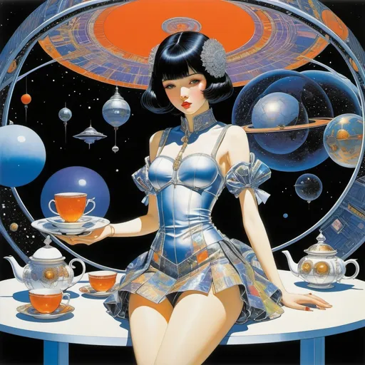 Prompt: Harry Clarke, Hajime Sorayama, Lorenzo Petrantoni full colours, Jim burns, Kelly Freas, Surrealism Mysterious Weird Fantastic Fantasy Sci-fi, Japanese Anime, Sphere Pop-up Card, Miniskirt Beautiful High School Girl Having Tea and a Spaceship, perfect voluminous body, detailed masterpiece 