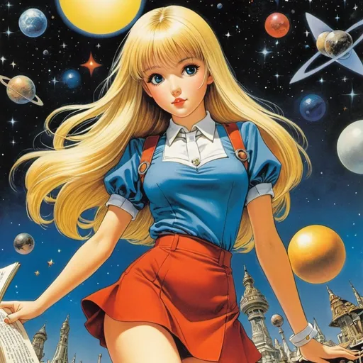 Prompt: Dave Gibbons, Adolf Born, Karel Franta, Ken Niimura, Cam Kennedy full colours, Surrealism, Mysterious, Weird, Outlandish, Fantasy, Sci-Fi, Japanese Anime, Alice, a beautiful blonde miniskirt girl who collects star fragments and puts them into an illustrated book, perfect voluminous body, Being a collector is not easy, detailed masterpiece 