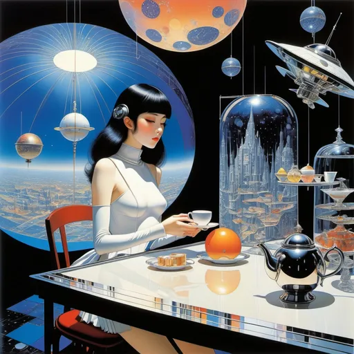 Prompt: Harry Clarke, Hajime Sorayama, Lorenzo Petrantoni full colours, Jim burns, Kelly Freas, Surrealism Mysterious Weird Fantastic Fantasy Sci-fi, Japanese Anime, Sphere Pop-up Card, Miniskirt Beautiful High School Girl Having Tea and a Spaceship, perfect voluminous body, detailed masterpiece 