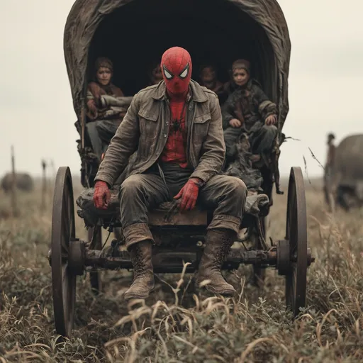 Prompt: spider-man as a poor person on an 1800s wagon